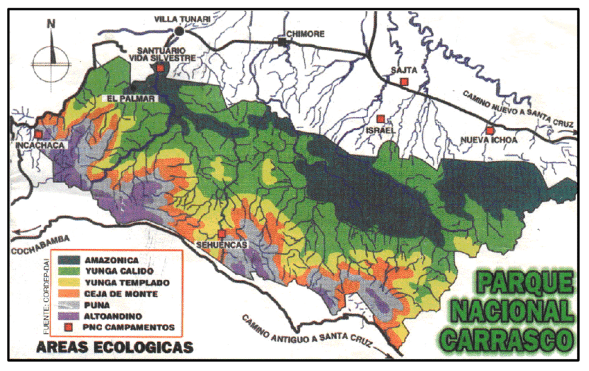 Avistamiento de aves en Bolivia, mapa del PN Carrasco